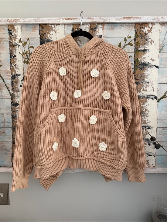 POL Sweaters - POL Beige Knit Hoodie Sweater with Cream Floral Appliqués